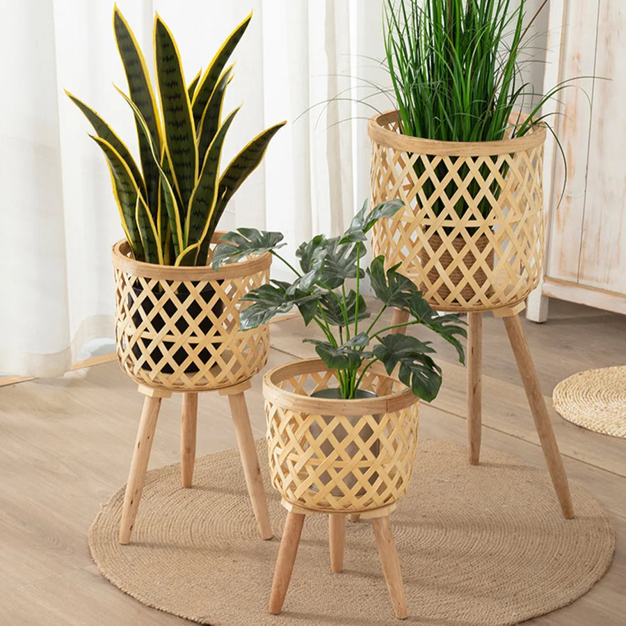 Handmade Bamboo Woven Flower Pot with Stand - Stylish Plant Display and Storage Stand for DIY Enthusiasts - Ideal for Nursery Pots and Home Decoration