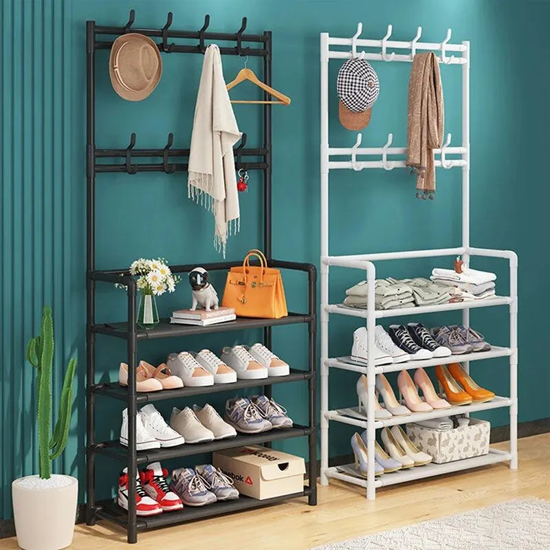 Multifunctional Bedroom Shoe and Clothes Rack Space-Saving Assembly with Hanging Bag Storage
