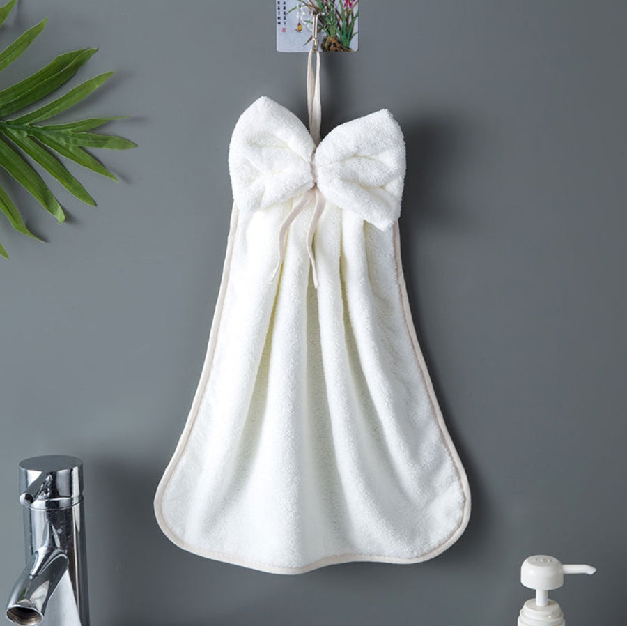 Bowknot Hanging Hand Dry Towel for Kitchen Bathroom Coral Velvet Microfiber