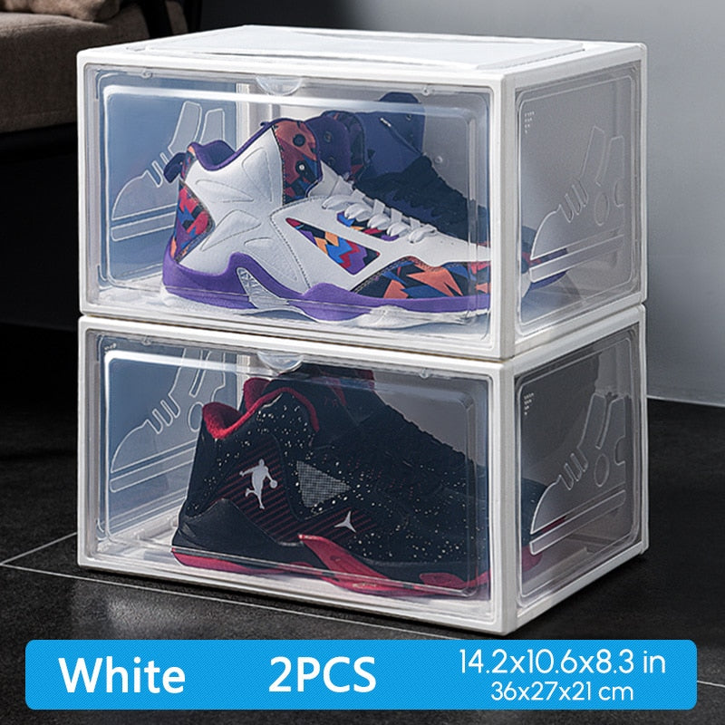 Lot de 2 boîtes à chaussures en plastique empilables avec porte transparente, boîte de rangement pour chaussures et boîte à chaussures transparente, pour afficher des baskets, assemblage facile, boîte à chaussures transparente
