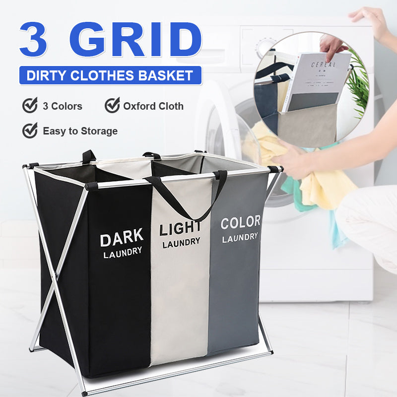 Dirty Clothes Storage Basket, 3 Grid Organizer Basket, Collapsible Large Laundry Hamper, Waterproof Laundry Basket, Laundry Baskets for Small Space