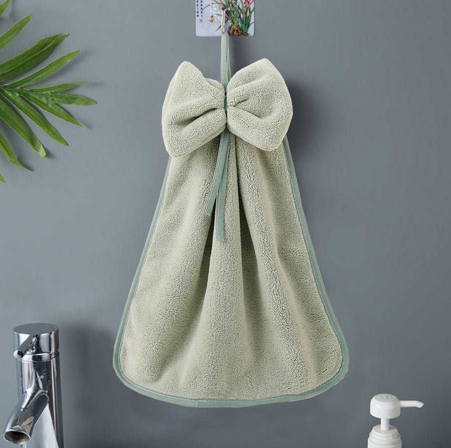 Bowknot Hanging Hand Dry Towel for Kitchen Bathroom Coral Velvet Microfiber